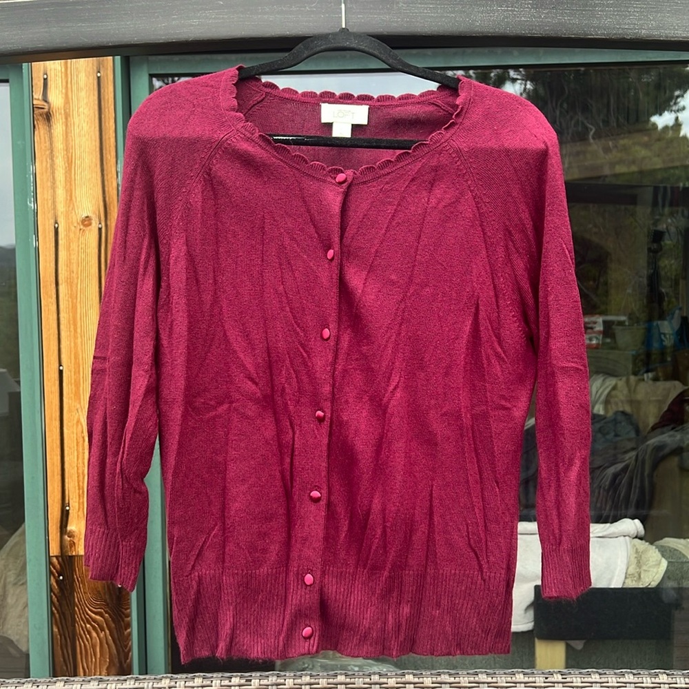 Loft Outlet XL Rayon, Nylon, and Rabbit Fur XL Maroon Button Up Cardigan